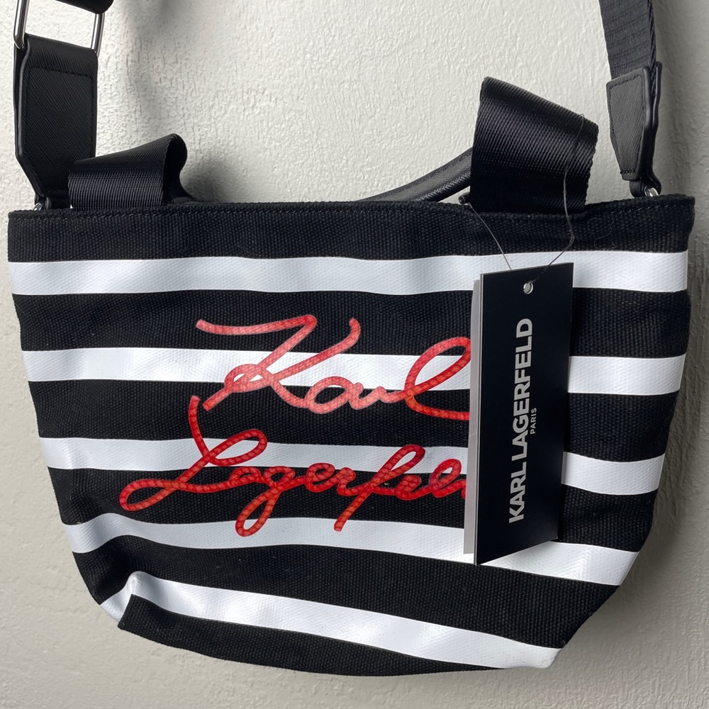 Karl Lagerfeld Paris Black White and Red Crossbody Bag With Shoulder Strap